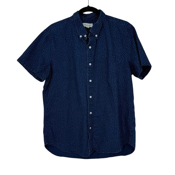 Madewell Mens Slimfit Short-Sleeve Button-Down Shirt Size Large Blue Indigo Dots - Picture 1 of 8